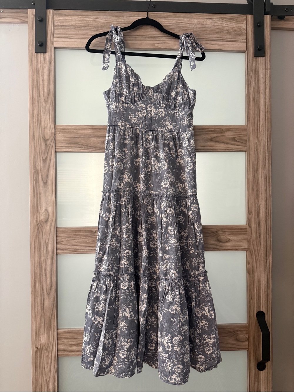 Trixxi Navy Gray Floral Tiered Maxi Dress with Tie Shoulders